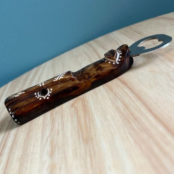 Vintage Carved Tribal Mask Face Bottle Opener Natural Handle & Metal Cap Remover - Picture 9 of 13